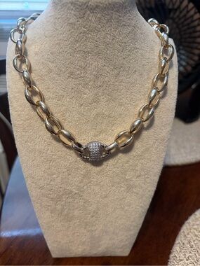 Gold-Tone Chunky Link Necklace with Pave Clasp